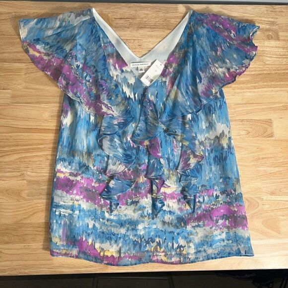 Banana Republic Multi-Color Silk Blouse, Flutter Sleeves & Ruffle Bib, Women’s M - Picture 5 of 11